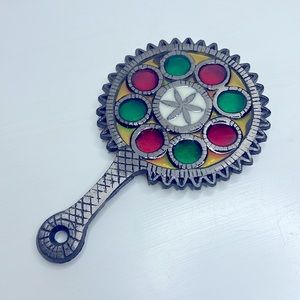 Vintage 🍝 Iron & Stained Glass Trivet Pot Holder Light Catching Farmhouse Decor